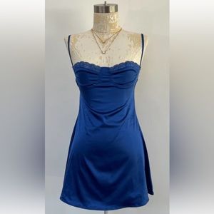 Blue satin dress with lace detail